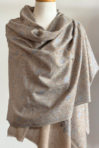 Pashmina Embroidered Scarf natural with blue embroidery