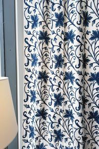 Crewel Embroidered Cotton Curtain with blue embroidery on white - CCH