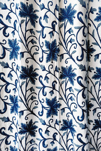 Crewel Embroidered Cotton Curtain with blue embroidery on white - CCH
