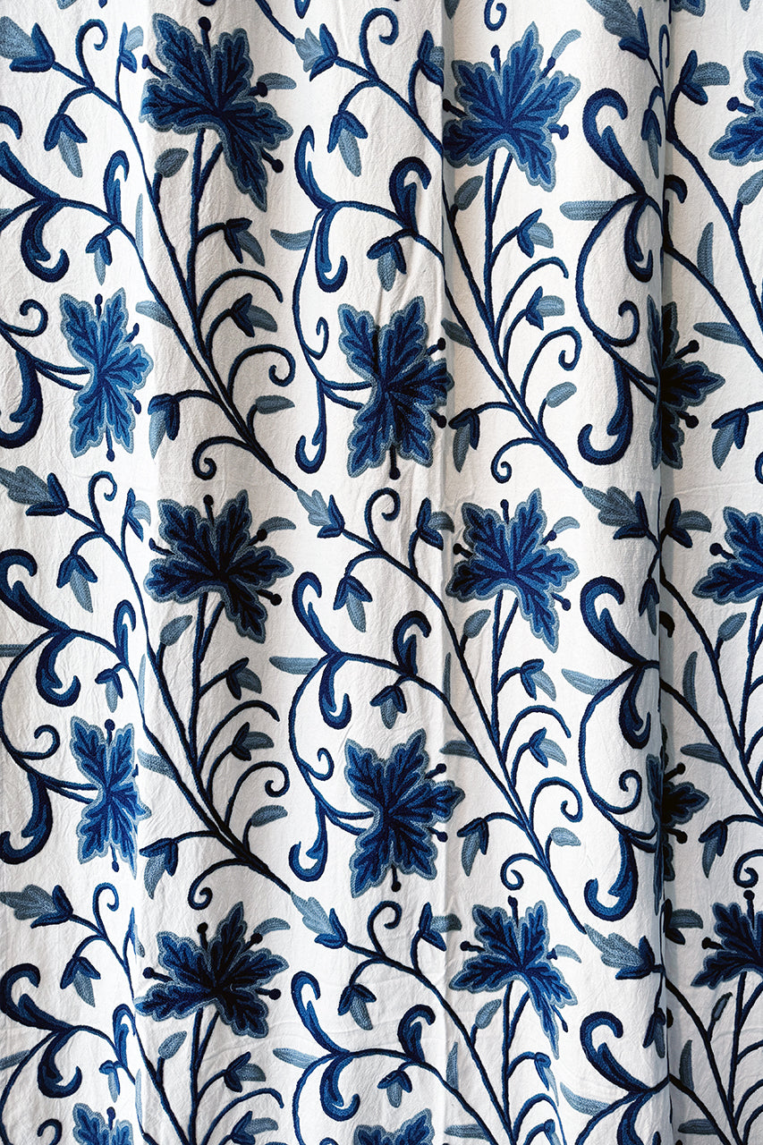 Crewel Embroidered Cotton Curtain with blue embroidery on white - CCH