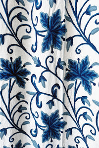 Crewel Embroidered Cotton Curtain with blue embroidery on white - CCH